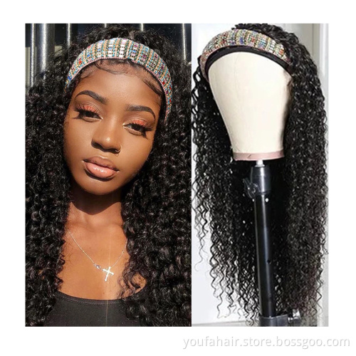 Headband human hair wigs for black women,peruvian kinky curly hair headband wig,curly women ponytail headband wigs human hair
